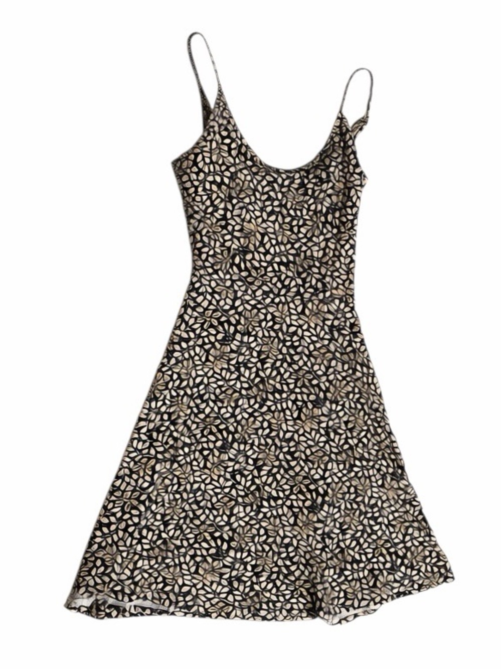 NWT ACEVOG Black Beige Leaf Print Spaghetti Strap Skater Dress S